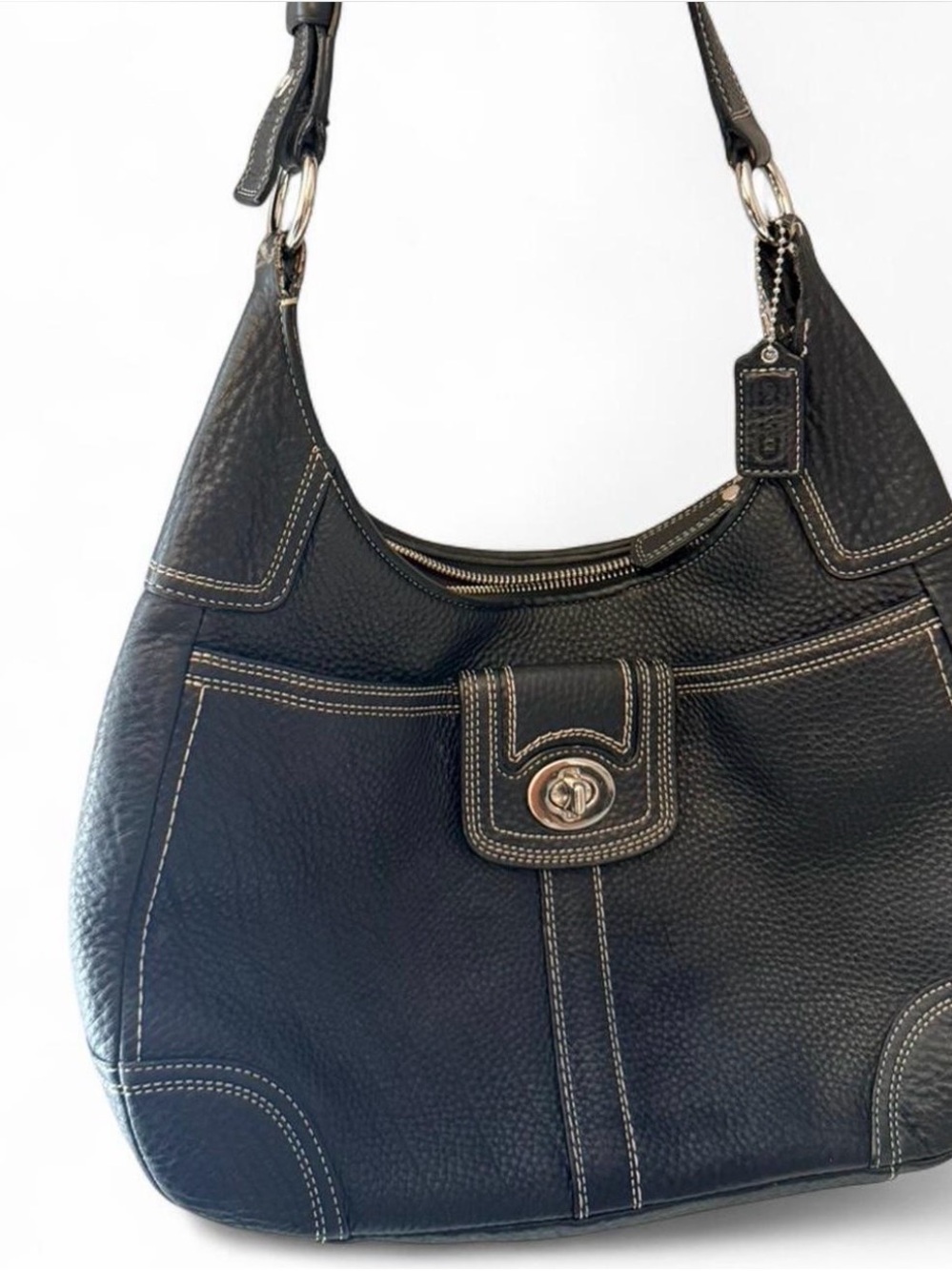 Coach Black Pebbled Leather Shoulder Bag with Contrast Stitching